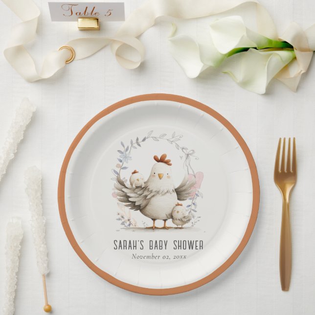 Cute Farm Mum and Baby Chick Floral Baby Shower Paper Plate (Wedding)