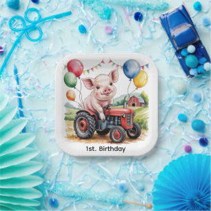 Cute Farm Pig On A Tractor 1st. Birthday Party Paper Plate