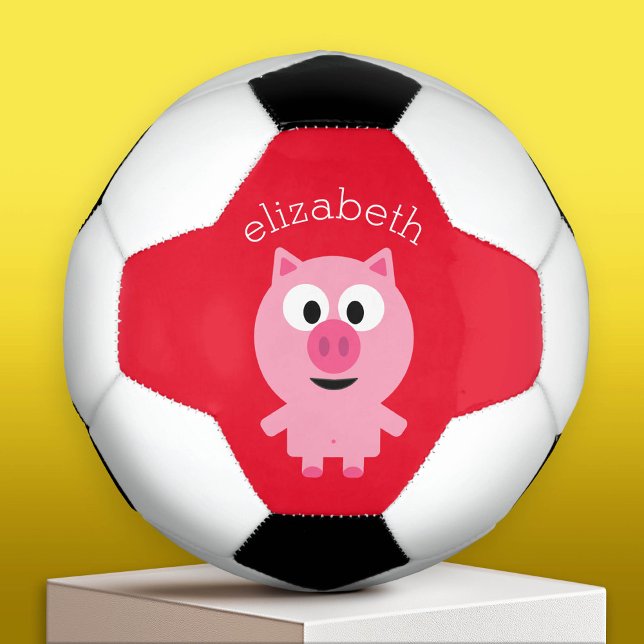Cute Farm Piglet - Pink and Red with name Soccer Ball (Custom Soccer Ball with a Cartoon Pig)