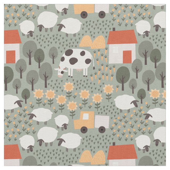 Cute Farm Scene Pattern Fabric (Close Up)