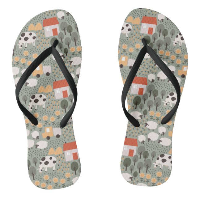 Cute Farm Scene Pattern Thongs (Footbed)