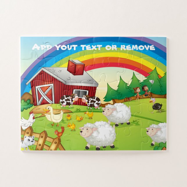 Cute farm scene rainbow, farm animals, children, jigsaw puzzle (Horizontal)