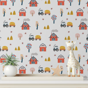 Cute Farm Tractor Red Barn Kids Pattern Wallpaper