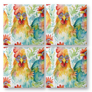Cute Farm Watercolor Chickens Birthday Ceramic Tile