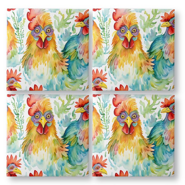 Cute Farm Watercolor Chickens Birthday Ceramic Tile (Creator Uploaded)