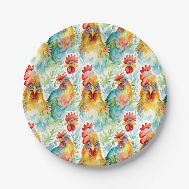 Cute Farm Watercolor Chickens Birthday Paper Plate (Front)