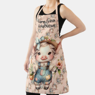Cute Farmcore Pig in Overalls with Flowers Apron