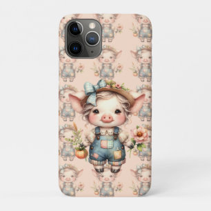Cute Farmcore Pig in Overalls with Flowers iPhone 11 Pro Case