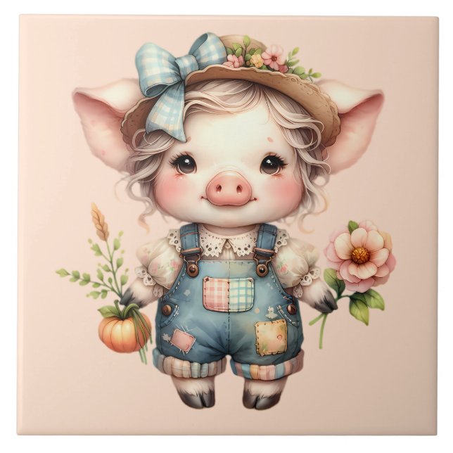 Cute Farmcore Pig in Overalls with Flowers Ceramic Tile (Front)