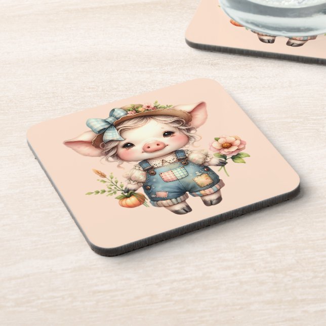 Cute Farmcore Pig in Overalls with Flowers Coaster (Left Side)