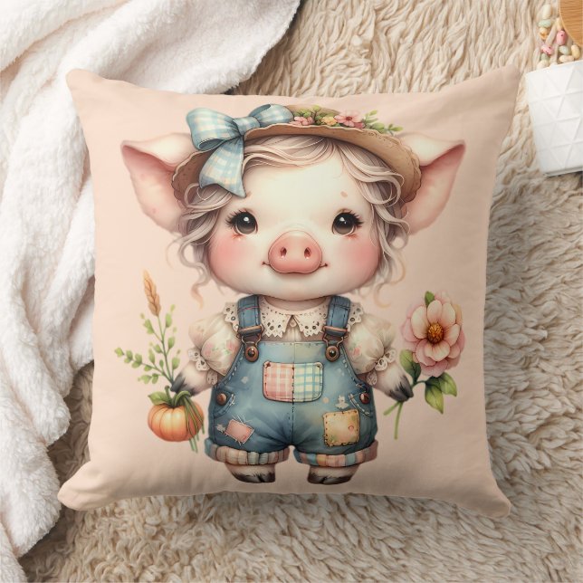 Cute Farmcore Pig in Overalls with Flowers Cushion (Blanket)