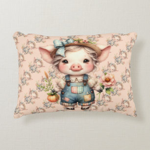 Cute Farmcore Pig in Overalls with Flowers Decorative Cushion