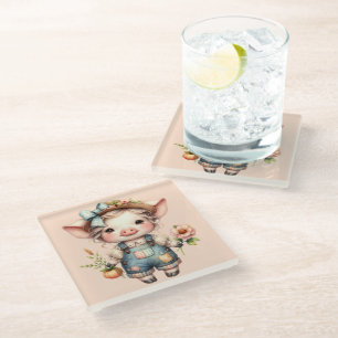 Cute Farmcore Pig in Overalls with Flowers Glass Coaster