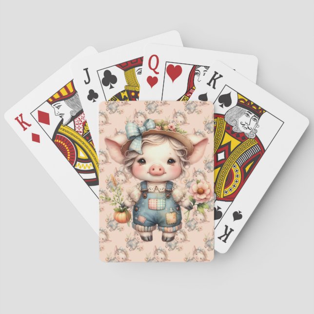 Cute Farmcore Pig in Overalls with Flowers Playing Cards (Back)
