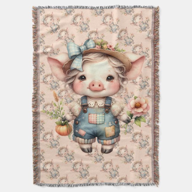 Cute Farmcore Pig in Overalls with Flowers Throw Blanket (Front Vertical)