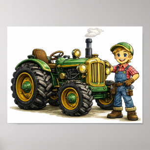 Cute Farmer Boy With Vintage Green Tractor Art Poster