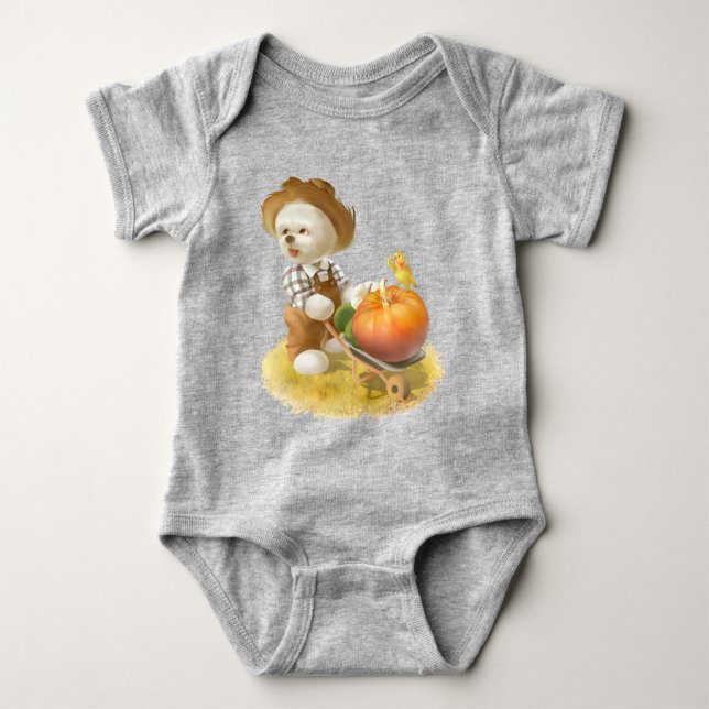 Cute Farmer Dog with Pumpkin Baby Bodysuit (Front)