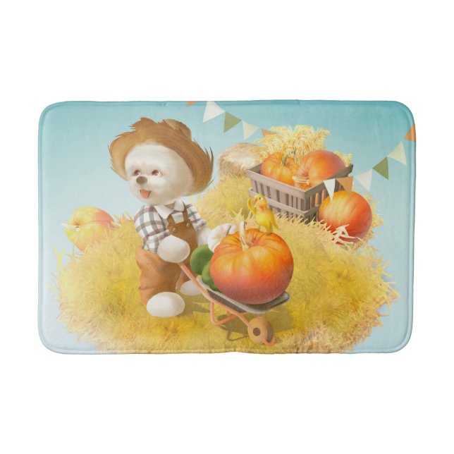 Cute Farmer Dog with Pumpkin Bath Mat (Front)