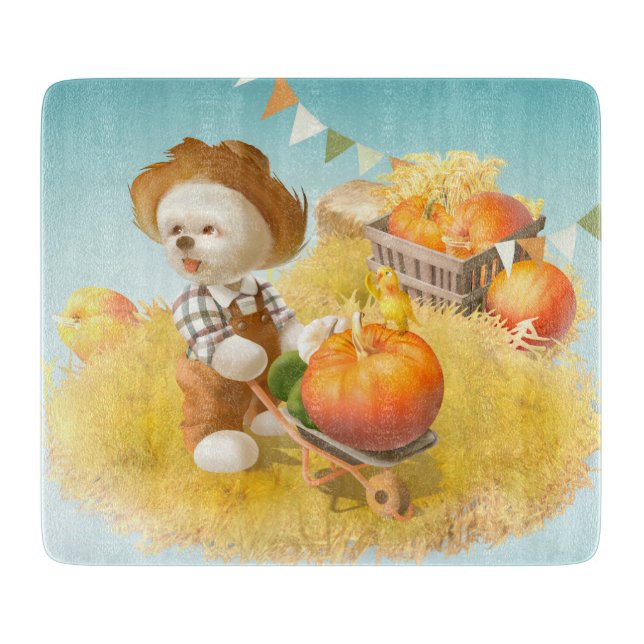 Cute Farmer Dog with Pumpkin Cutting Board (Front)