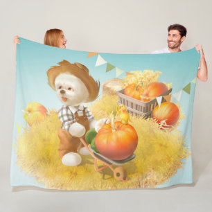 Cute Farmer Dog with Pumpkin Fleece Blanket