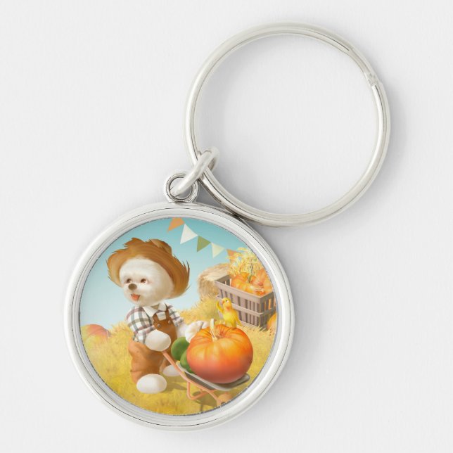 Cute Farmer Dog with Pumpkin Key Ring (Front)