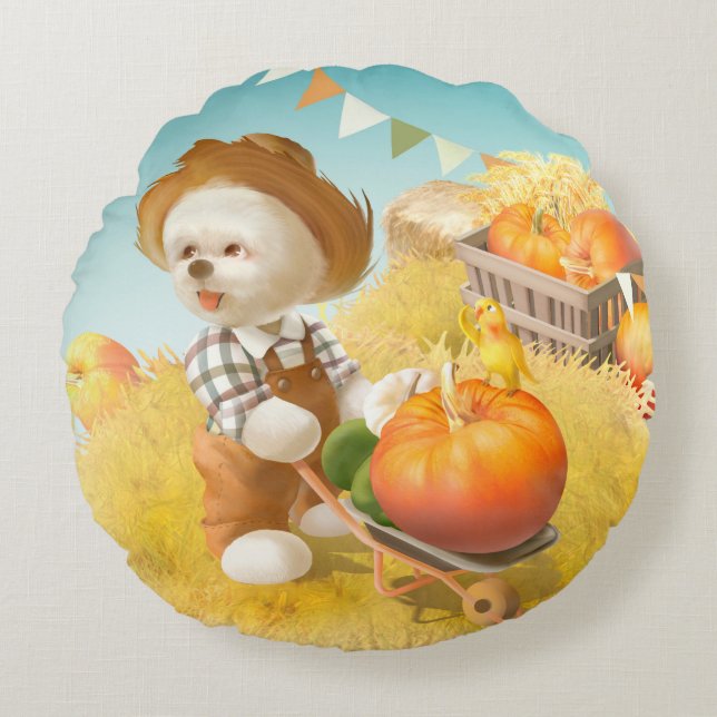 Cute Farmer Dog with Pumpkin Round Cushion (Front)