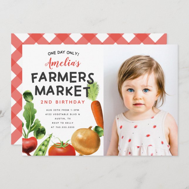 Cute Farmers Market Vegetable Birthday Party Photo Invitation (Front/Back)