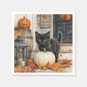 Cute Farmhouse Black Cat and Pumpkin Halloween Napkin