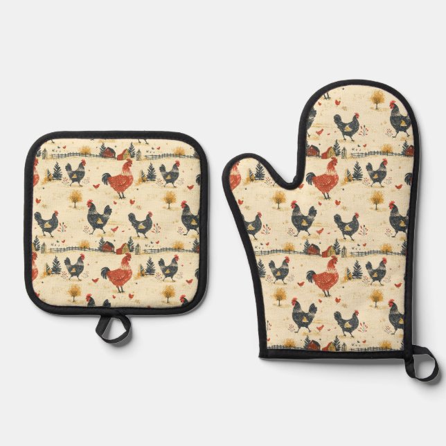 Cute Farmhouse Chickens Oven Mitt & Pot Holder Set (Front)