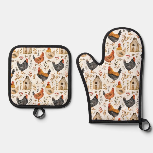 Cute Farmhouse Chickens Oven Mitt & Pot Holder Set (Front)
