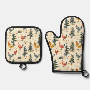 Cute Farmhouse Chickens Oven Mitt & Pot Holder Set