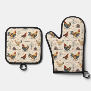 Cute Farmhouse Chickens Oven Mitt & Pot Holder Set