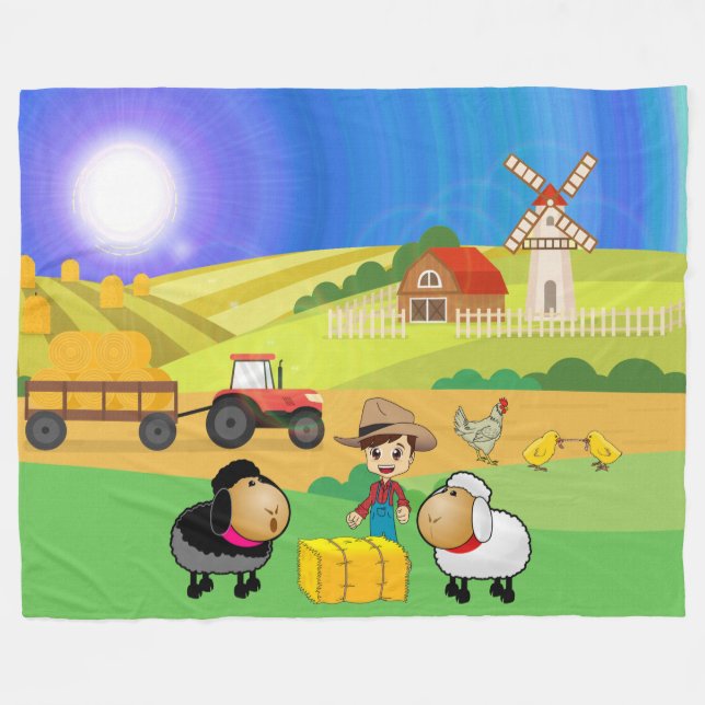 Cute Farmhouse, Sheep, and Chicks Fleece Blanket (Front (Horizontal))
