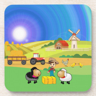Cute Farmhouse, Sheep, and Chicks plastic coaster