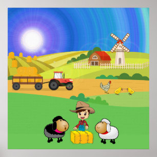 Cute Farmhouse, Sheep, and Chicks Poster