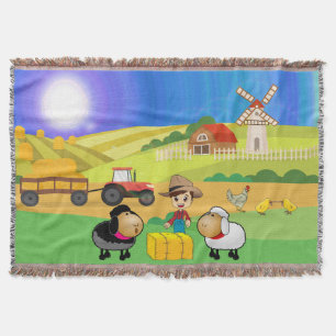 Cute Farmhouse, Sheep, and Chicks Throw Blanket
