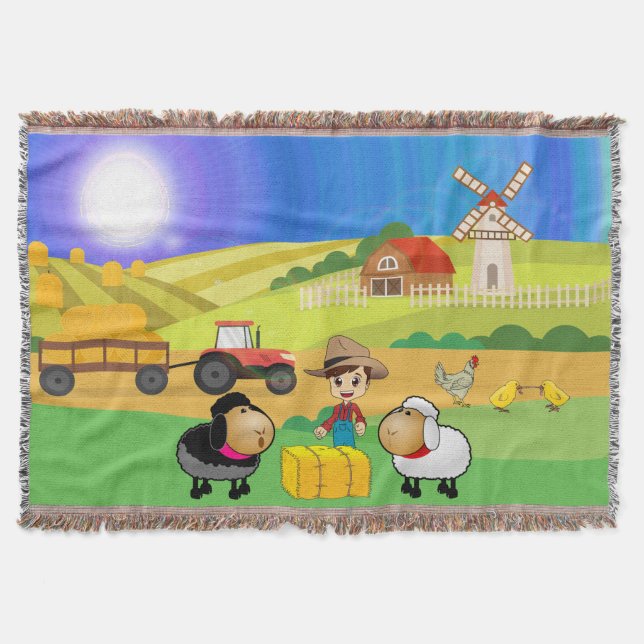 Cute Farmhouse, Sheep, and Chicks Throw Blanket (Front)