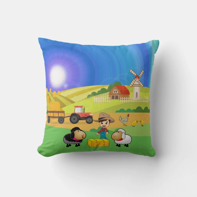 Cute Farmhouse, Sheep, & Chicks Throw Pillow (Front)