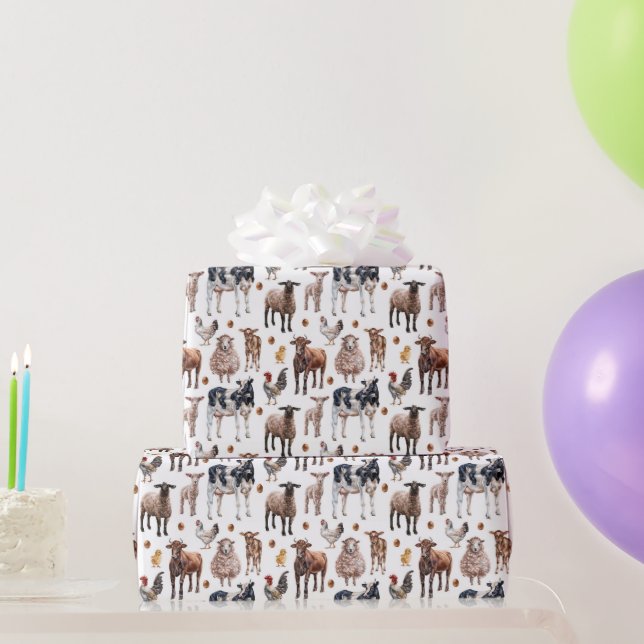 Cute Farmyard Animals Cows Sheep Pigs Chickens Wrapping Paper (Party Gifts)