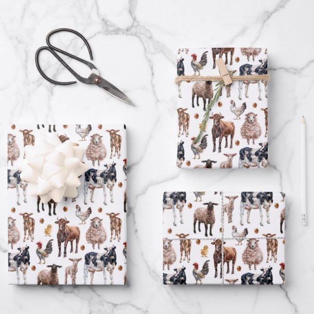 Cute Farmyard Animals Cows Sheep Pigs Chickens Wrapping Paper Sheet (Front)