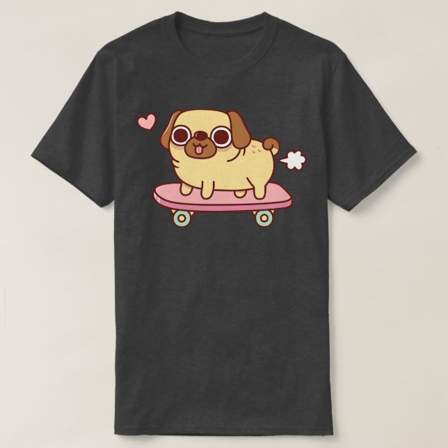 Cute Farting Pug On Skateboard Funny T-Shirt (Design Front)