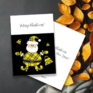 Cute Fashion Yellow Tartan Santa With Purse Holiday Card