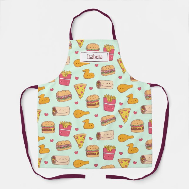 Cute Fast Food Doodles Pattern Name Apron (Front)