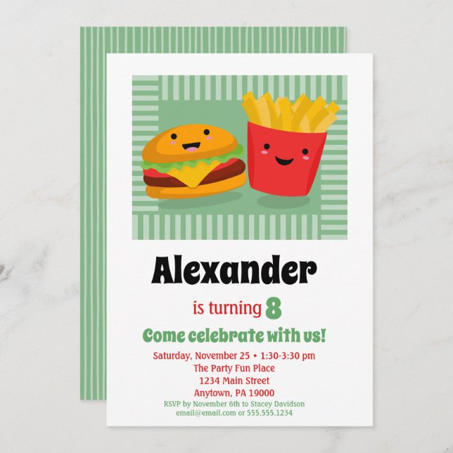 Cute Fast Food Hamburger Fries Birthday Invitation (Front/Back)