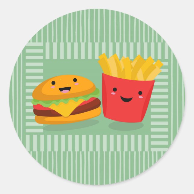 Cute Fast Food Hamburger Fries Classic Round Sticker (Front)