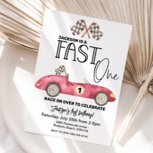 Cute FAST ONE Red Race car 1st birthday  Invitation
