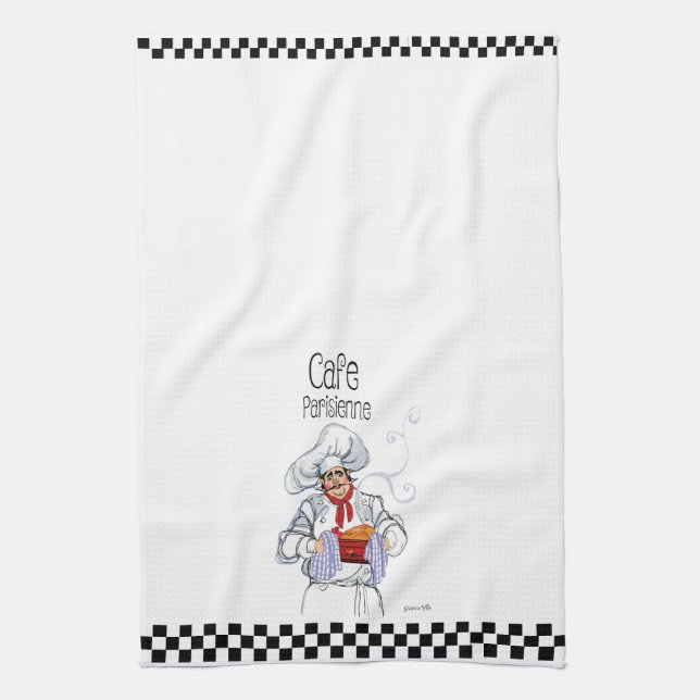 Cute Fat French Chef Caricature Black White Checks Tea Towel (Vertical)