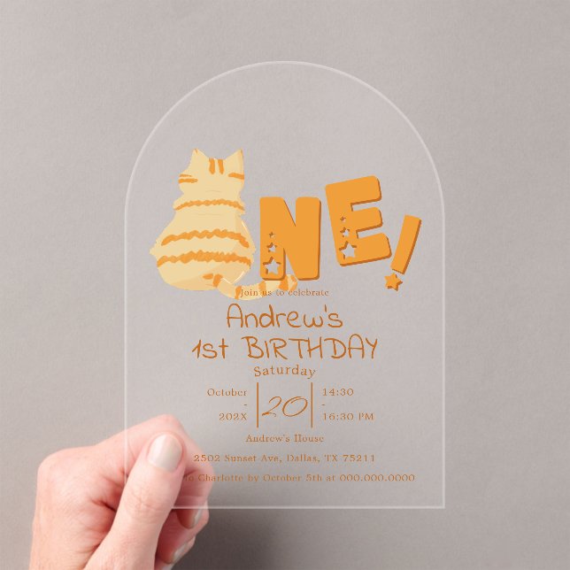 Cute Fat Orange Cat 1st Birthday Acrylic Invitations (Insitu (Handheld))