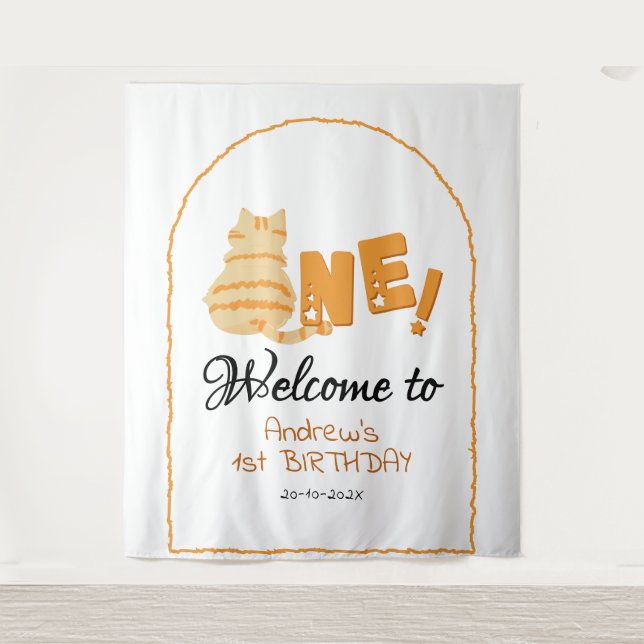 Cute Fat Orange Cat 1st Birthday Backdrop Tapestry (Front)