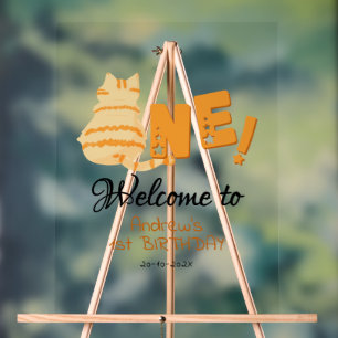 Cute Fat Orange Cat 1st Birthday Welcome Acrylic Sign